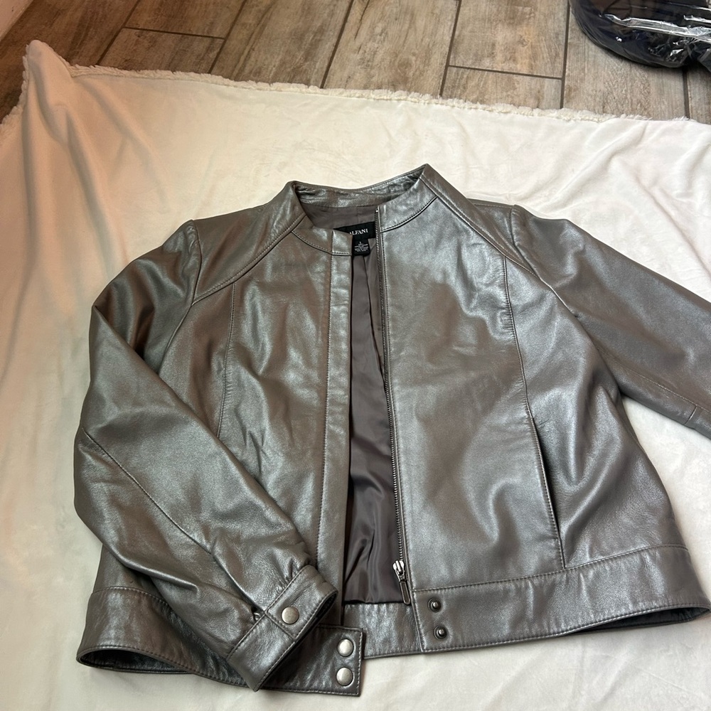 Alfani Silver Leather Jacket Sleek Motorcycle Style